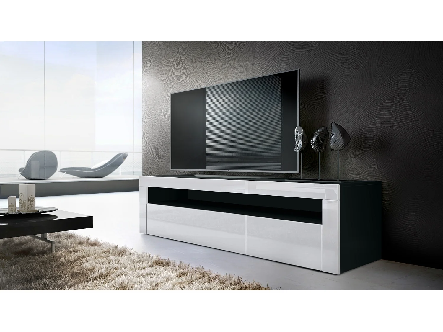 Buffet bas Valencia, Meuble TV avec 1 compartiment ouvert et 2 clapets, Noir mat/blanc haute brillance/blanc haute brillance (155 x 46 x 40 cm)