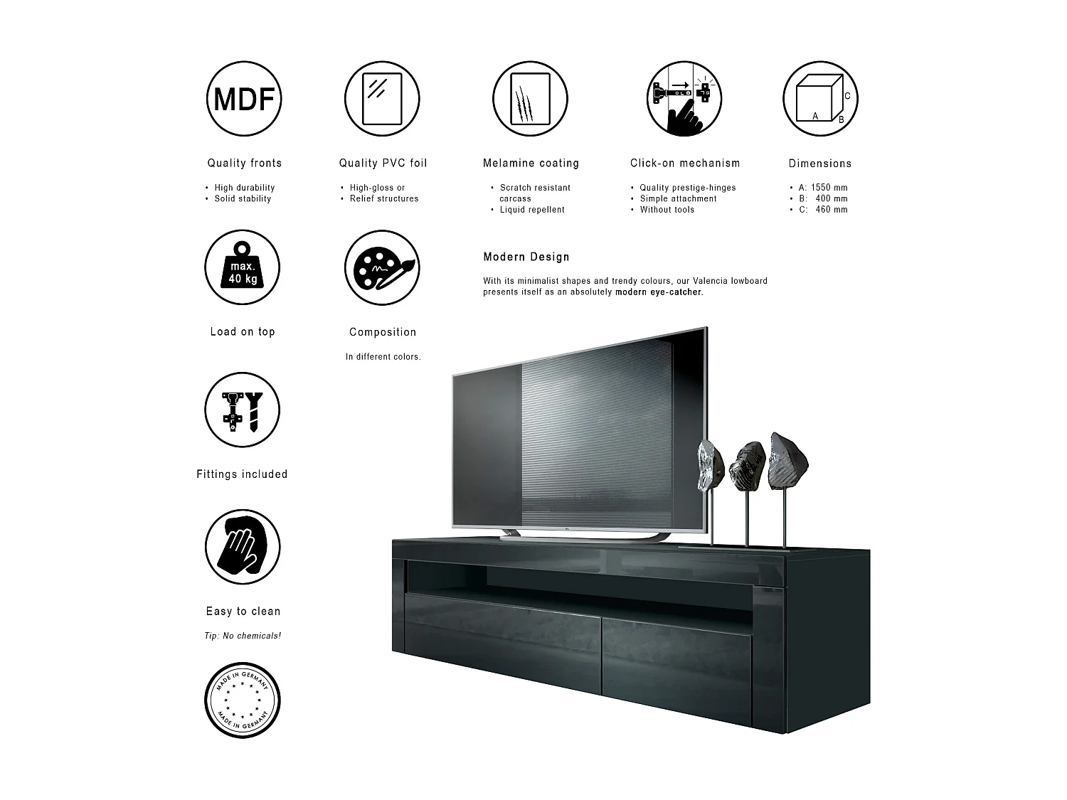 Buffet bas Valencia, Meuble TV avec 1 compartiment ouvert et 2 clapets, Noir mat/blanc haute brillance/blanc haute brillance (155 x 46 x 40 cm)