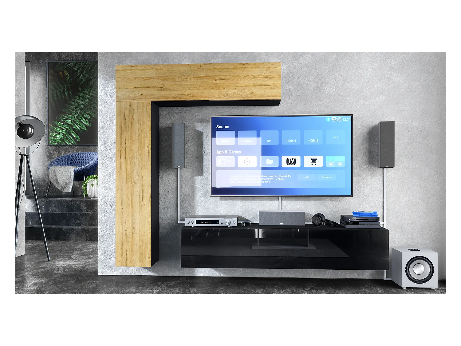 Meuble-paroi Taurito, noir mat/chêne nature - Meuble-paroi moderne pour votre salon (320 x 182 x 39 cm)