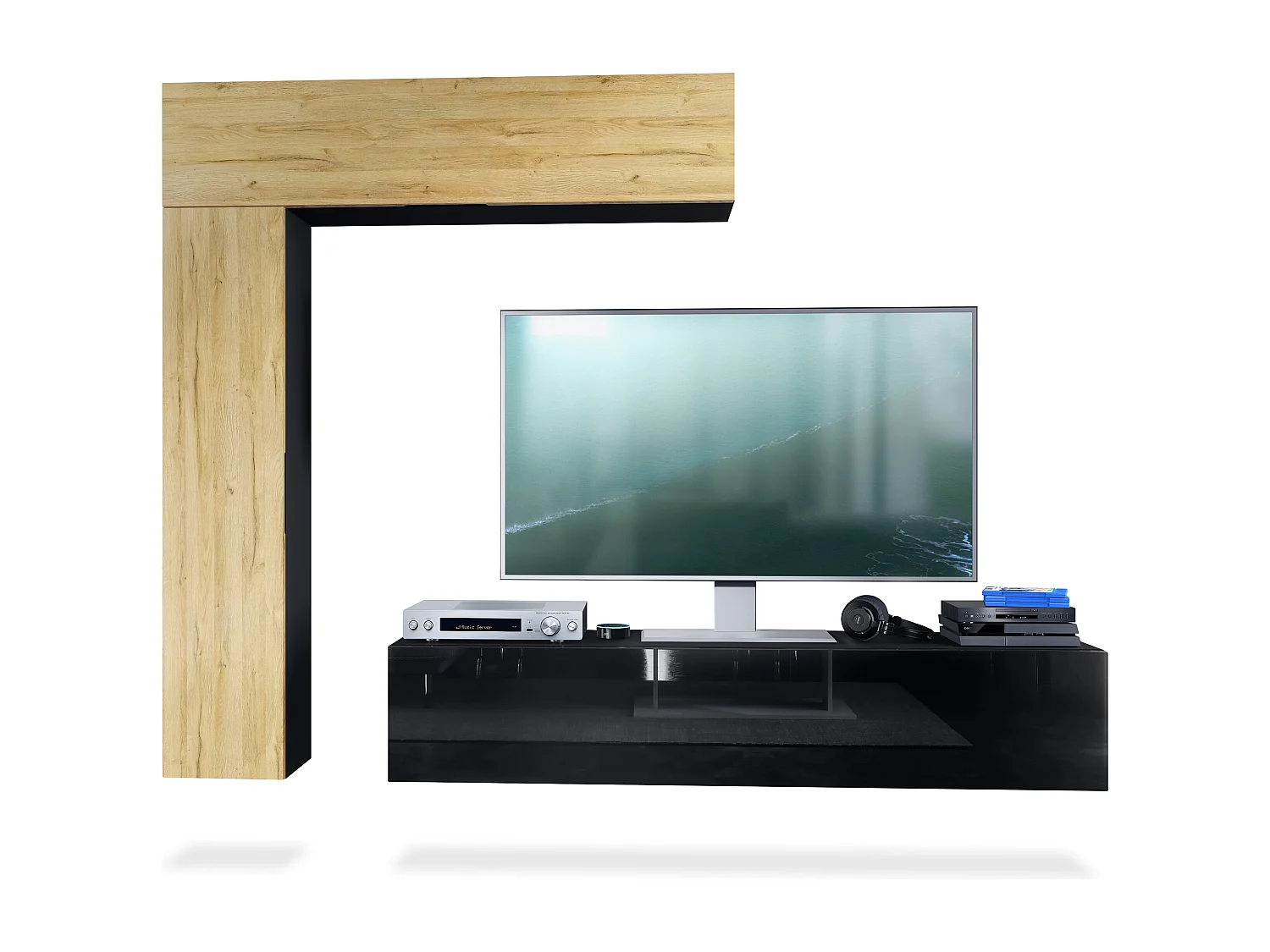 Meuble-paroi Taurito, noir mat/chêne nature - Meuble-paroi moderne pour votre salon (320 x 182 x 39 cm)