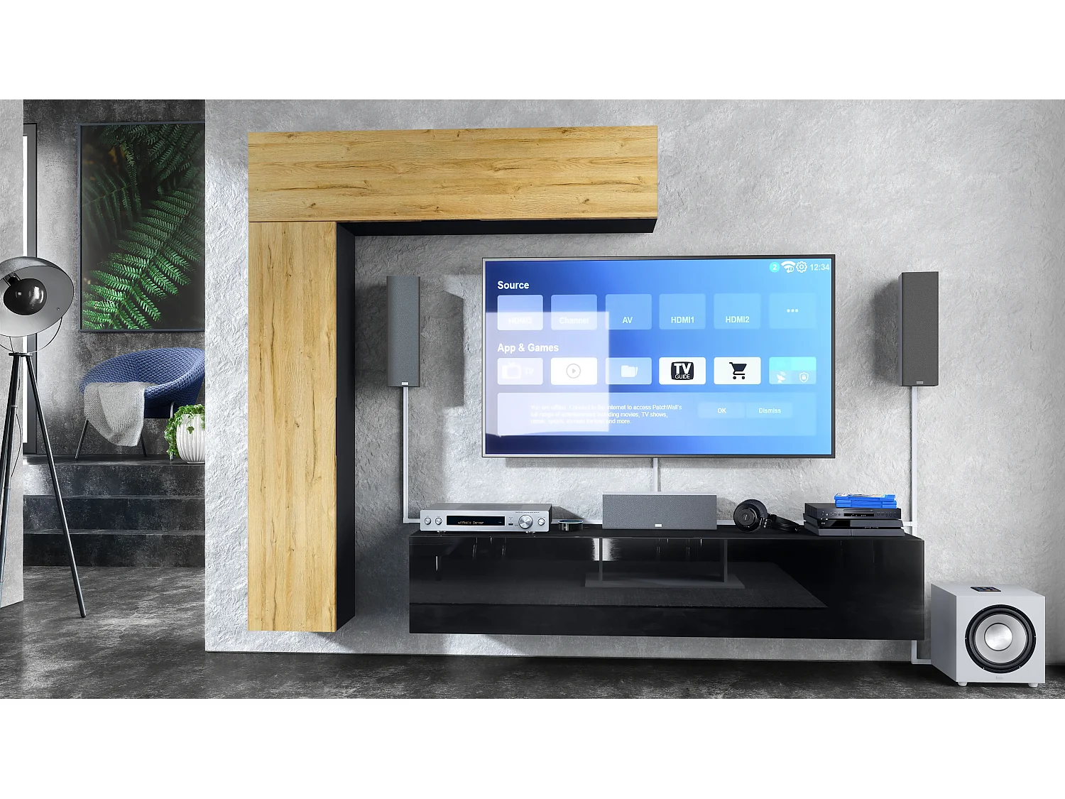 Meuble-paroi Taurito, noir mat/chêne nature - Meuble-paroi moderne pour votre salon (320 x 182 x 39 cm)