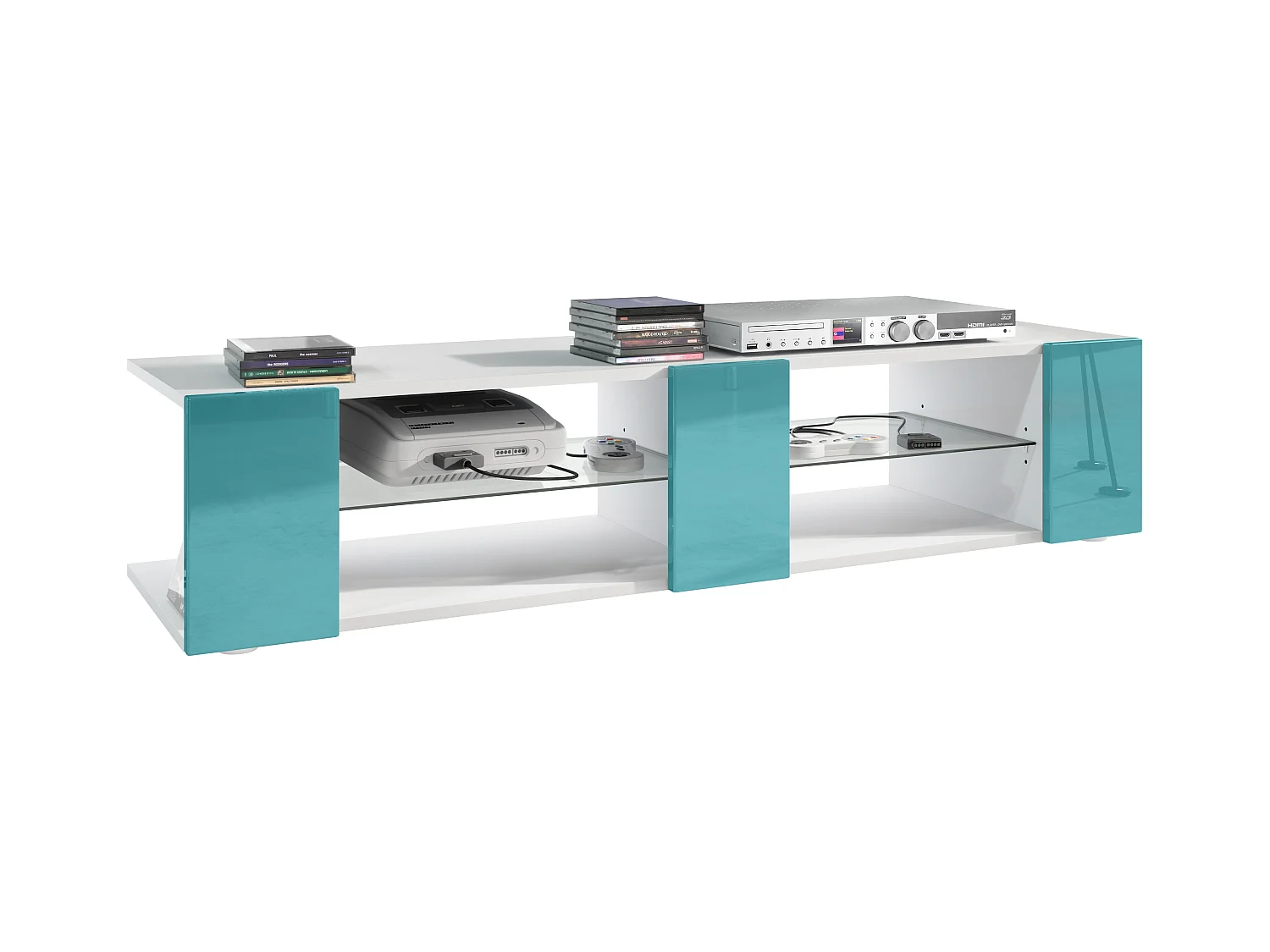Buffet bas Movie V2, Meuble TV avec 6 compartiments ouverts et placages décoratifs, Blanc mat/Turquoise haute brillance (134 x 29 x 39 cm)