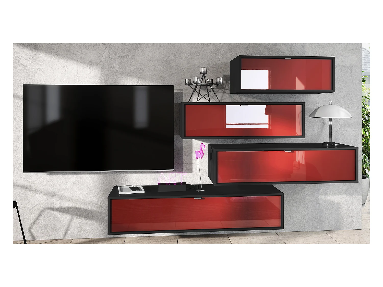 Unité murale Lana V3 composée de 4 unités murales à 10 compartiments, caisson en Noir mat, façades en Bordeaux haute brillance