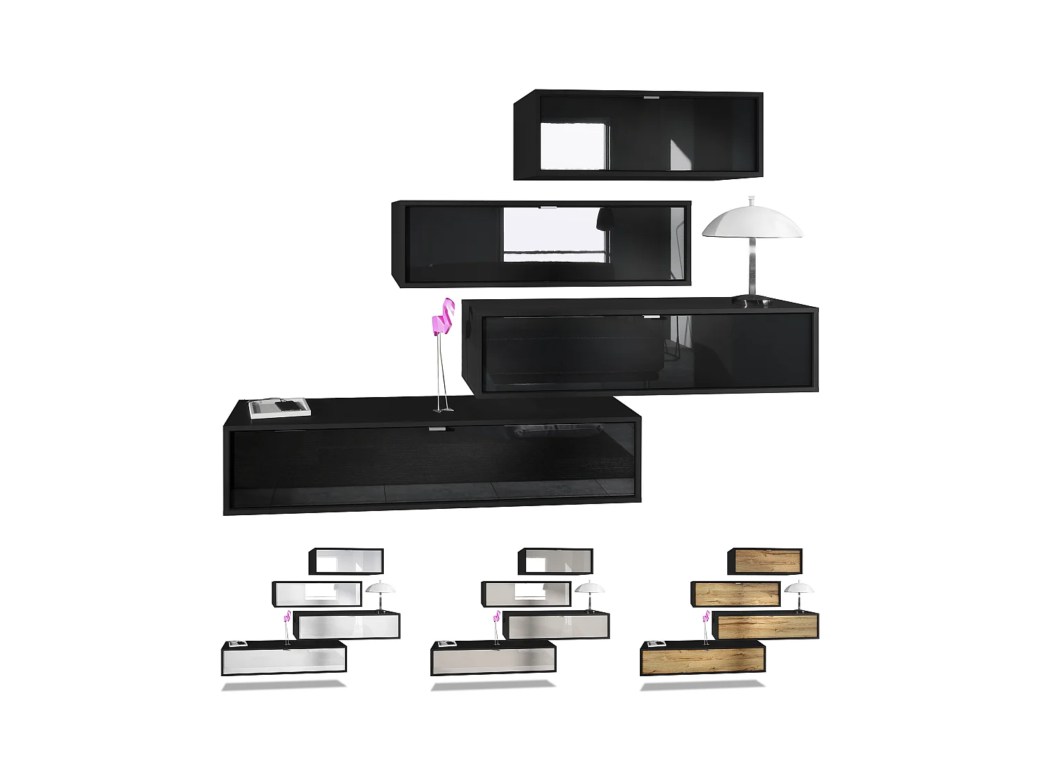 Unité murale Lana V3 composée de 4 unités murales à 10 compartiments, caisson en Noir mat, façades en Bordeaux haute brillance