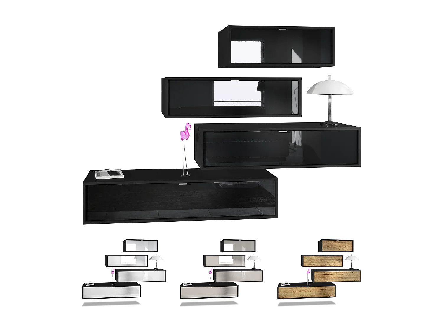 Unité murale Lana V3 composée de 4 unités murales à 10 compartiments, caisson en Noir mat, façades en Bordeaux haute brillance