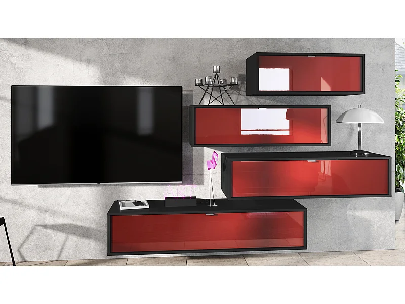 Parete attrezzata Lana V3 Centro di intrattenimento composto da 4 elementi sospesi con 10 ripiani, struttura in nero opaco, frontali in Bordeaux High Gloss