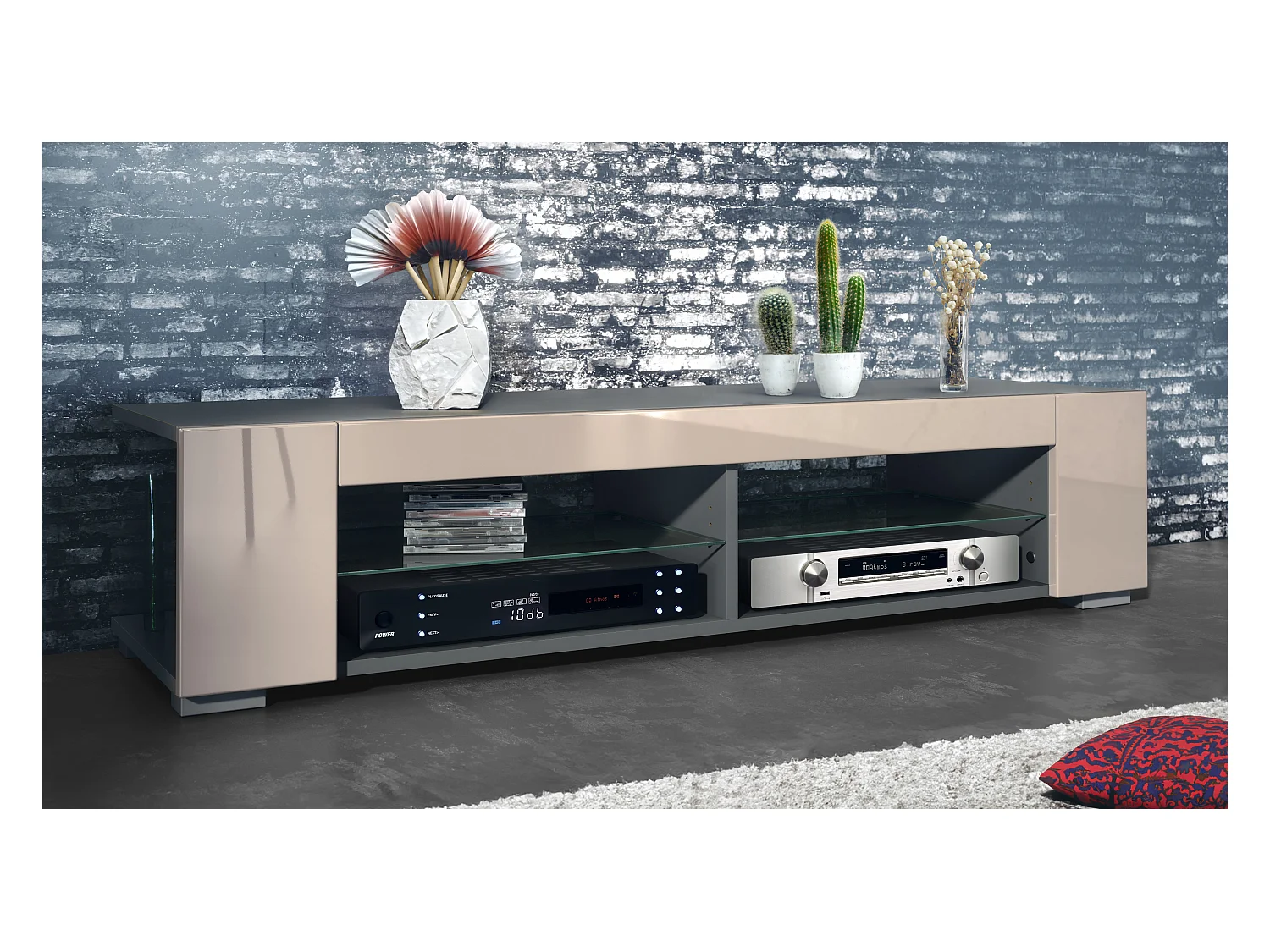 Meuble TV Movie, meuble TV avec 4 compartiments ouverts et moulures décoratives, anthracite mat/ (134,5 x 30,5 x 38,5 cm)