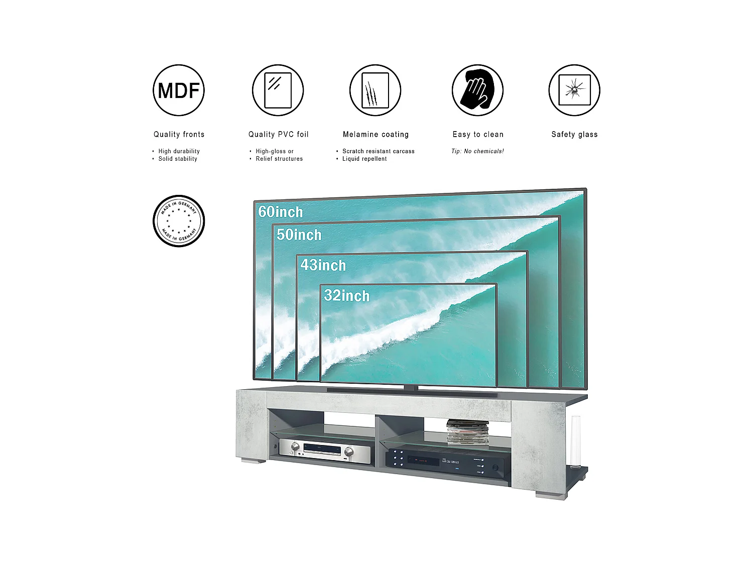 Meuble TV Movie, meuble TV avec 4 compartiments ouverts et moulures décoratives, anthracite mat/ (134,5 x 30,5 x 38,5 cm)