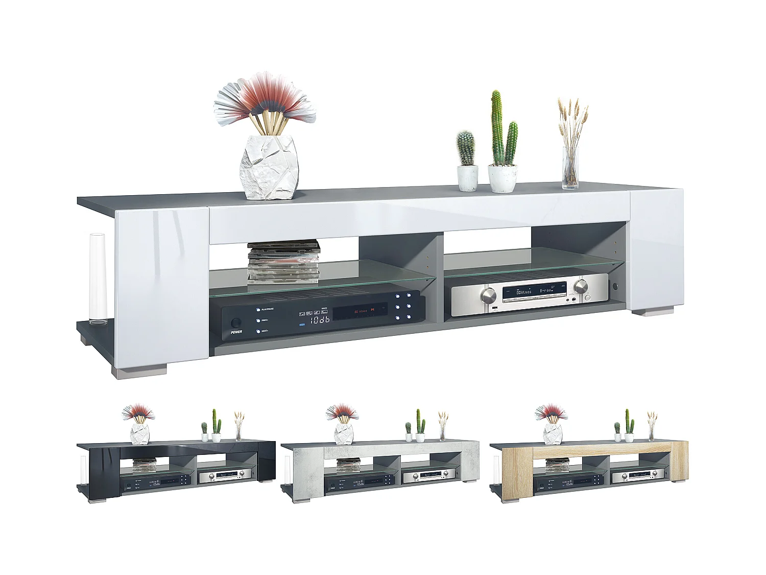 Meuble TV Movie, meuble TV avec 4 compartiments ouverts et moulures décoratives, anthracite mat/ (134,5 x 30,5 x 38,5 cm)