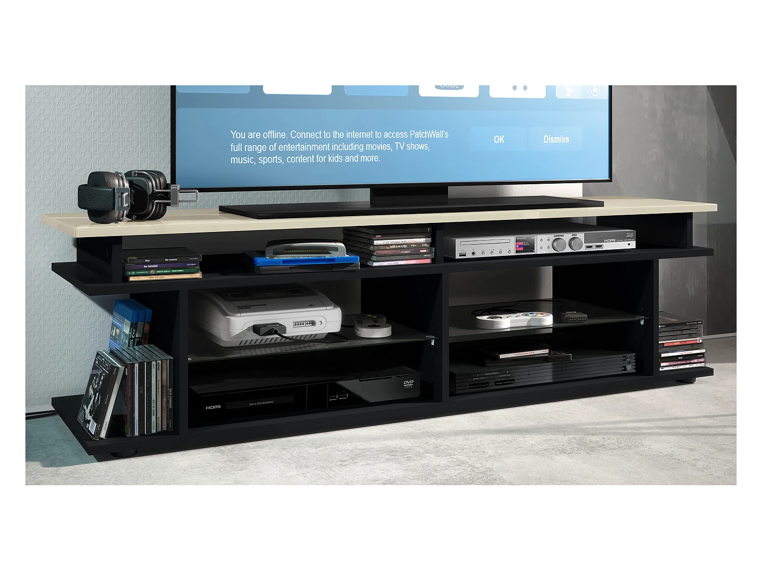 TV Board Movie V3 Game On 138,5 x 39 x 37,5 cm , caisson en noir mat, élément supérieur en crème haute brillance