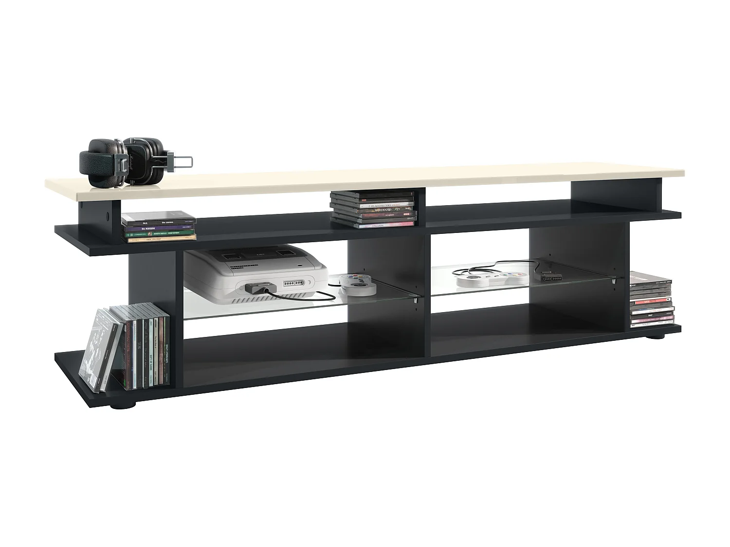 TV Board Movie V3 Game On 138,5 x 39 x 37,5 cm , caisson en noir mat, élément supérieur en crème haute brillance