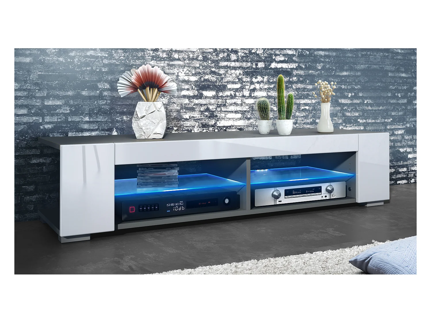 Meuble TV Movie, meuble TV avec 4 compartiments ouverts et moulures décoratives, anthracite mat/ éclairage LED inclus (134,5 x 30,5 x 38,5 cm)