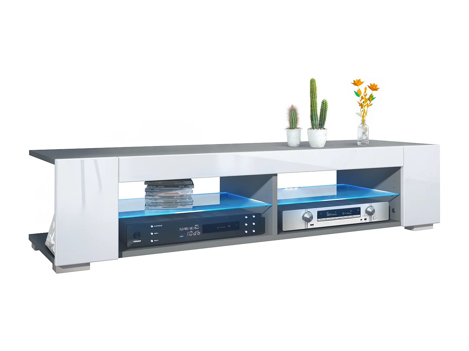 Meuble TV Movie, meuble TV avec 4 compartiments ouverts et moulures décoratives, anthracite mat/ éclairage LED inclus (134,5 x 30,5 x 38,5 cm)