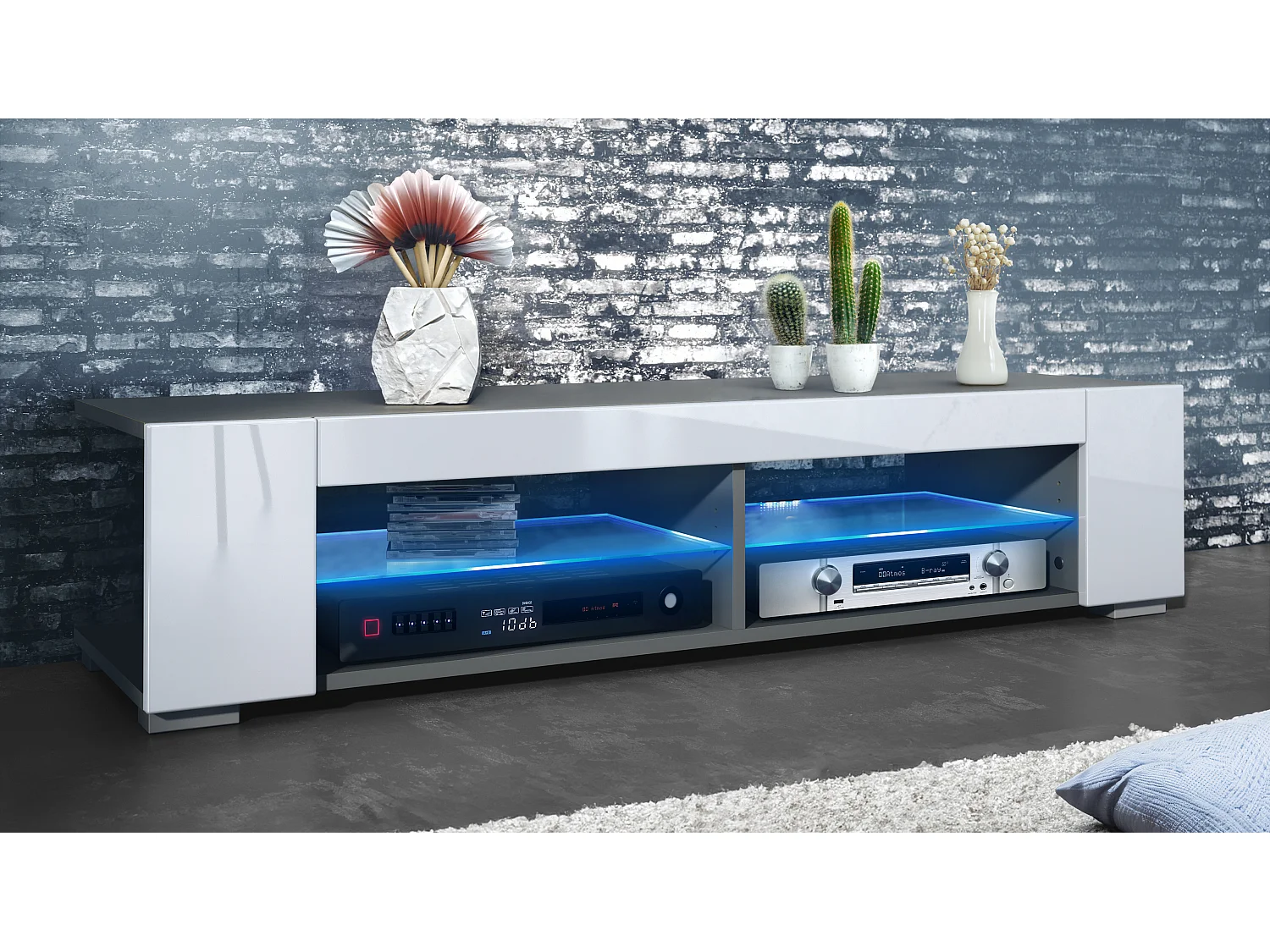 Meuble TV Movie, meuble TV avec 4 compartiments ouverts et moulures décoratives, anthracite mat/ éclairage LED inclus (134,5 x 30,5 x 38,5 cm)