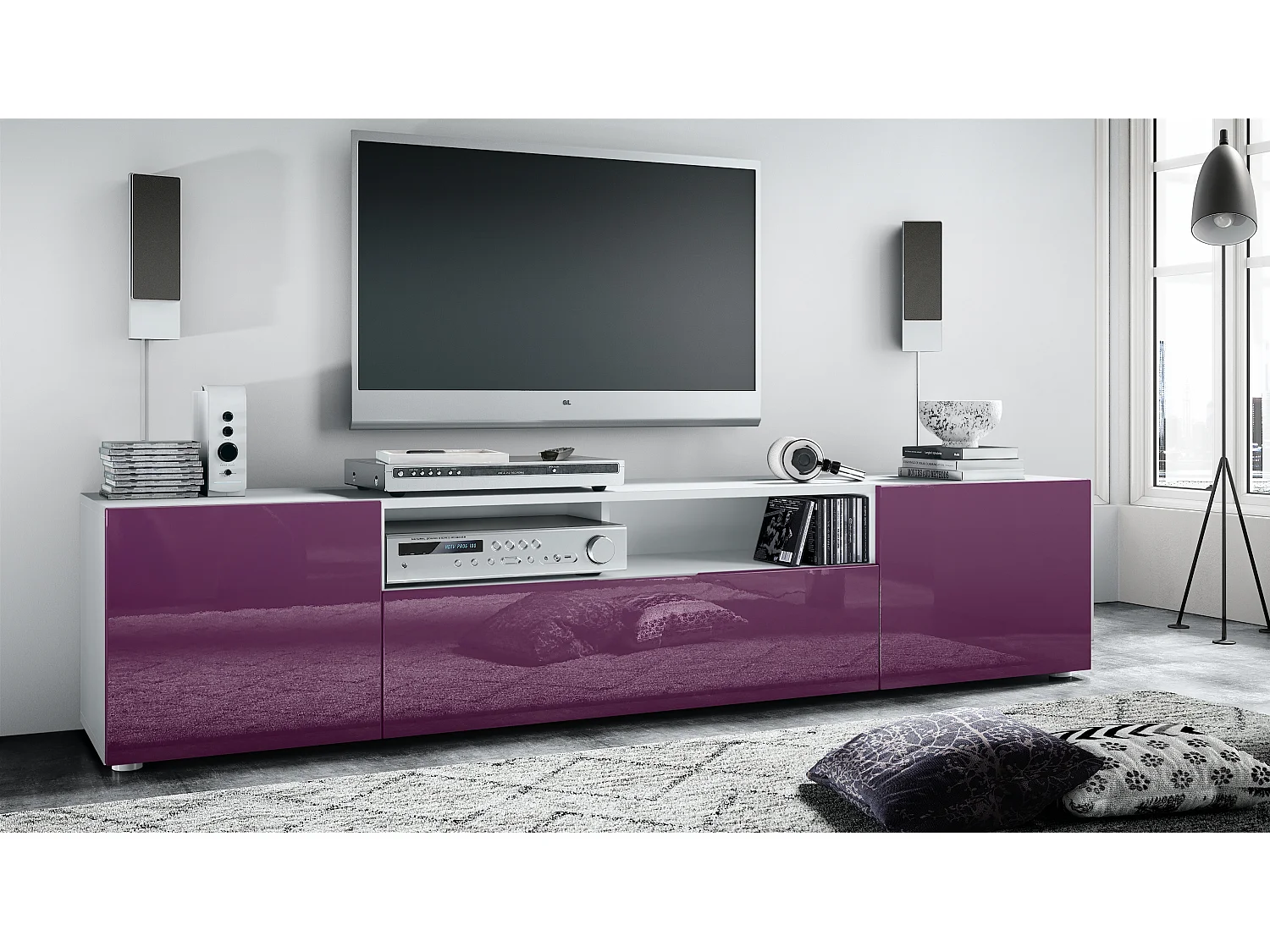 Buffet bas Mogan, Meuble TV avec 2 portes, 1 clapet et 1 compartiment ouvert, Blanc mat/Mûre haute brillance (181 x 39 x 35 cm)