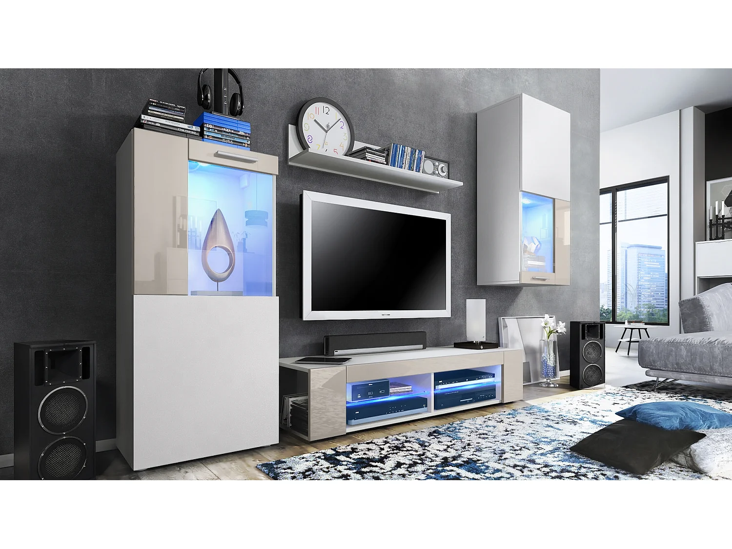 Ensemble de salon Movie comprenant 1 meuble bas TV, 2 vitrines et 1 étagère, Blanc mat/Gris sable haute brillance, (Dimensions totales : 300 x 190 x 39 cm)