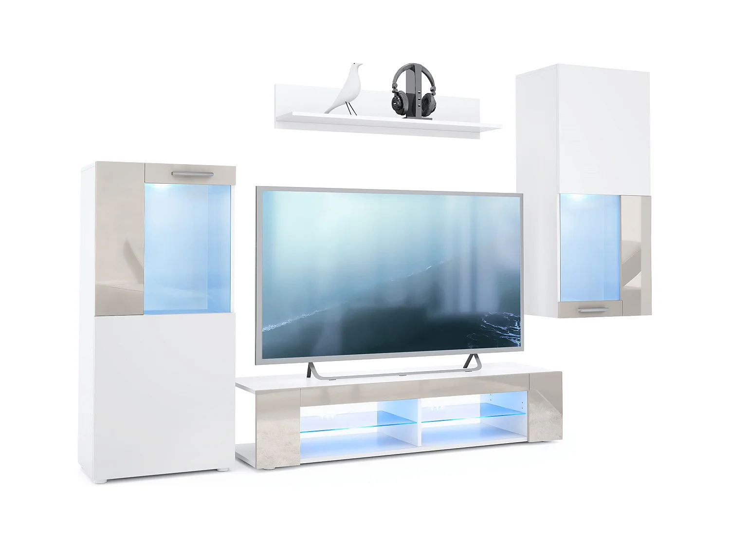 Ensemble de salon Movie comprenant 1 meuble bas TV, 2 vitrines et 1 étagère, Blanc mat/Gris sable haute brillance, (Dimensions totales : 300 x 190 x 39 cm)