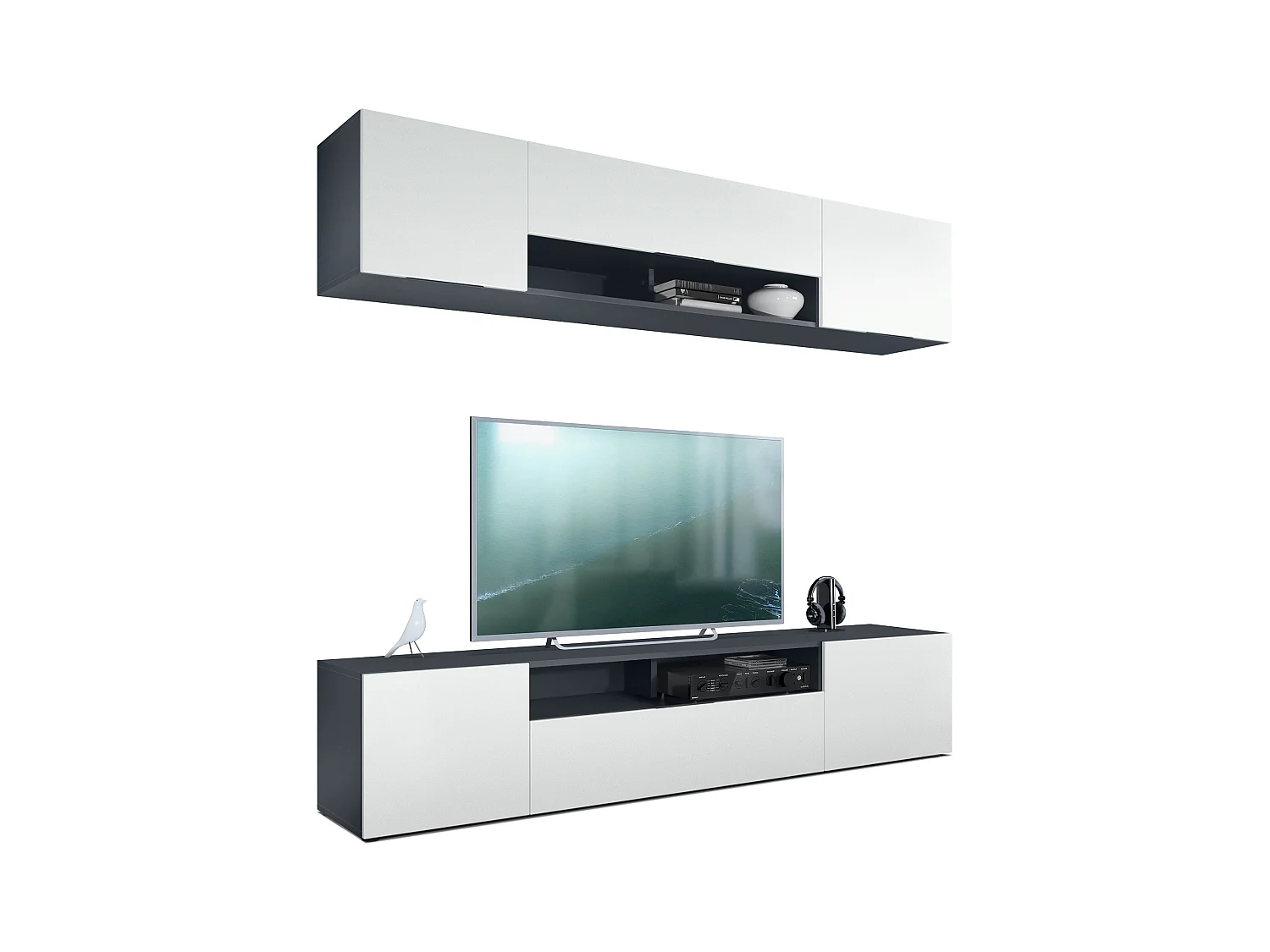 Meuble mural de salon Mogan avec deux éléments de 181x39x35 cm, meuble mural de salon suspendu avec 12 compartiments, Anthracite mat/Blanc mat