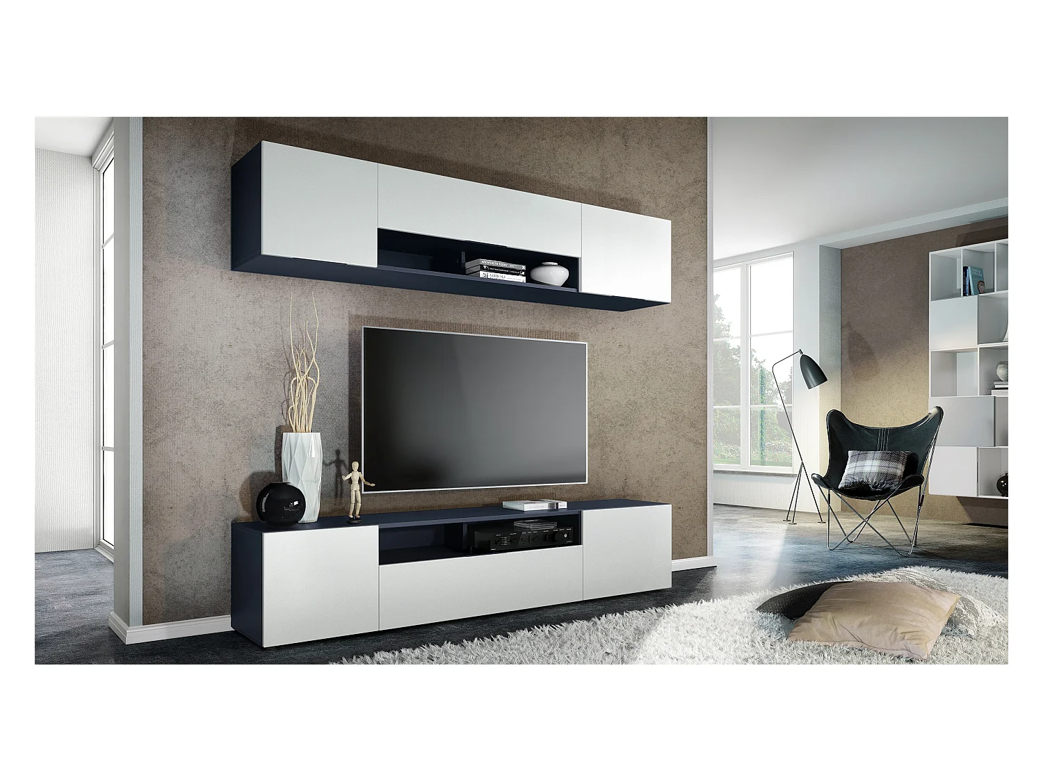 Meuble mural de salon Mogan avec deux éléments de 181x39x35 cm, meuble mural de salon suspendu avec 12 compartiments, Anthracite mat/Blanc mat