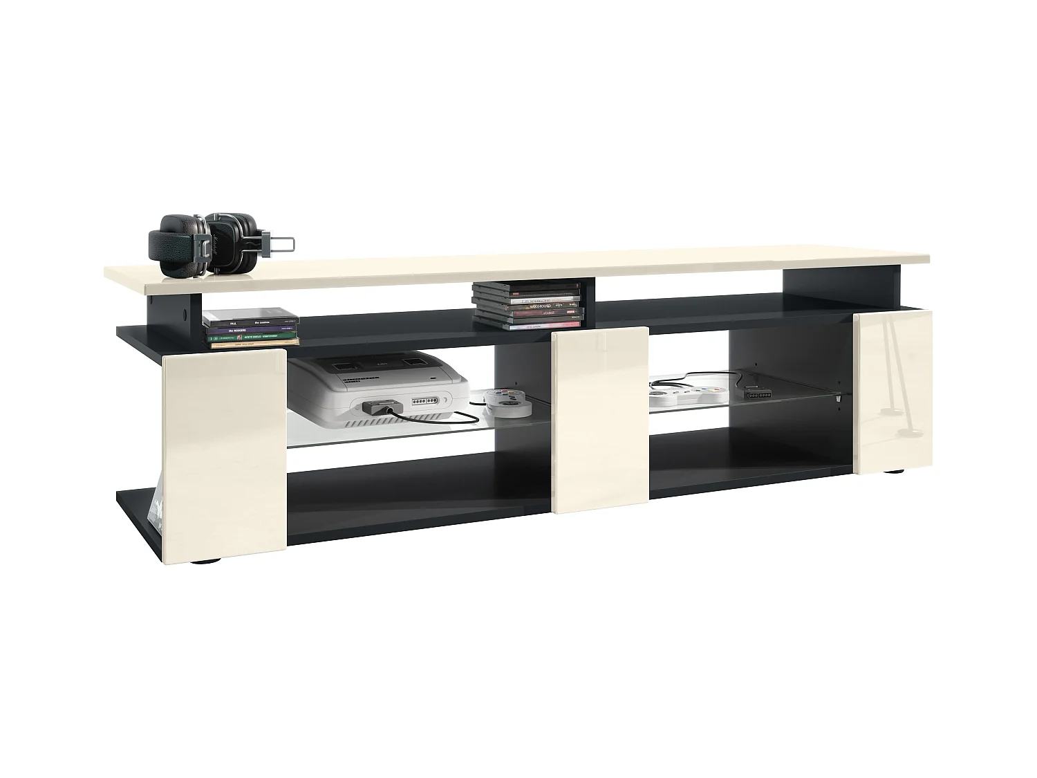 TV Board Movie V2 Game On Lowboard 138,5 x 39 x 39 cm , caisson en noir mat, façades en crème haute brillance