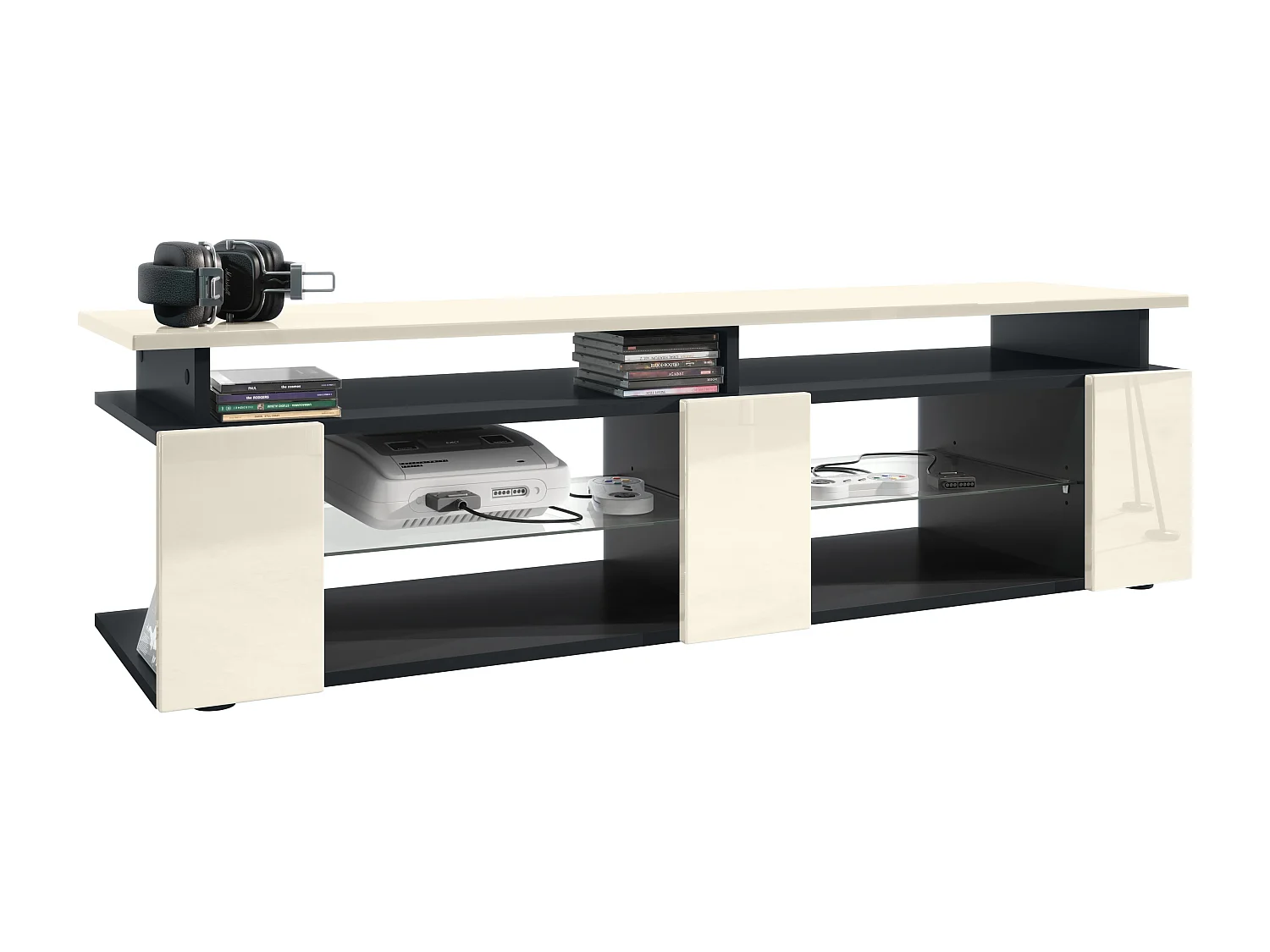TV Board Movie V2 Game On Lowboard 139 x 39 x 39 cm , struttura in nero opaco, frontali in beige lucido
