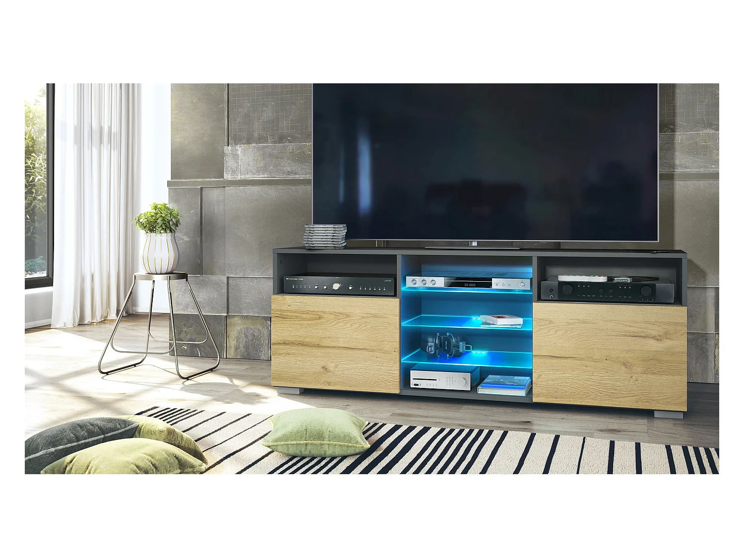 Meuble TV Granada, Lowboard avec 2 portes et 6 compartiments ouverts, corps anthracite mat, façades en chêne nature avec éclairage LED RVB  (146 x 54 x 35 cm)
