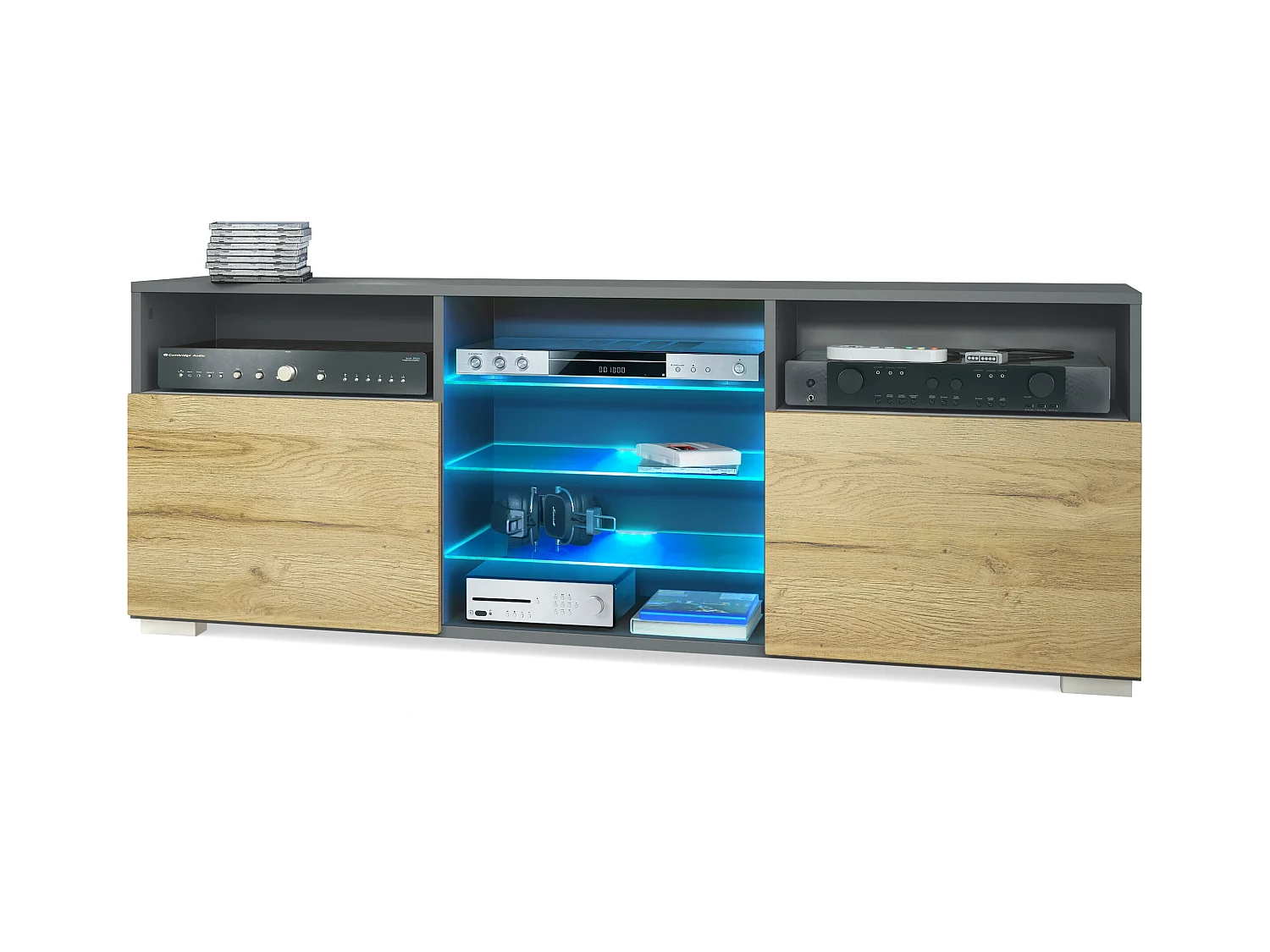 Meuble TV Granada, Lowboard avec 2 portes et 6 compartiments ouverts, corps anthracite mat, façades en chêne nature avec éclairage LED RVB  (146 x 54 x 35 cm)