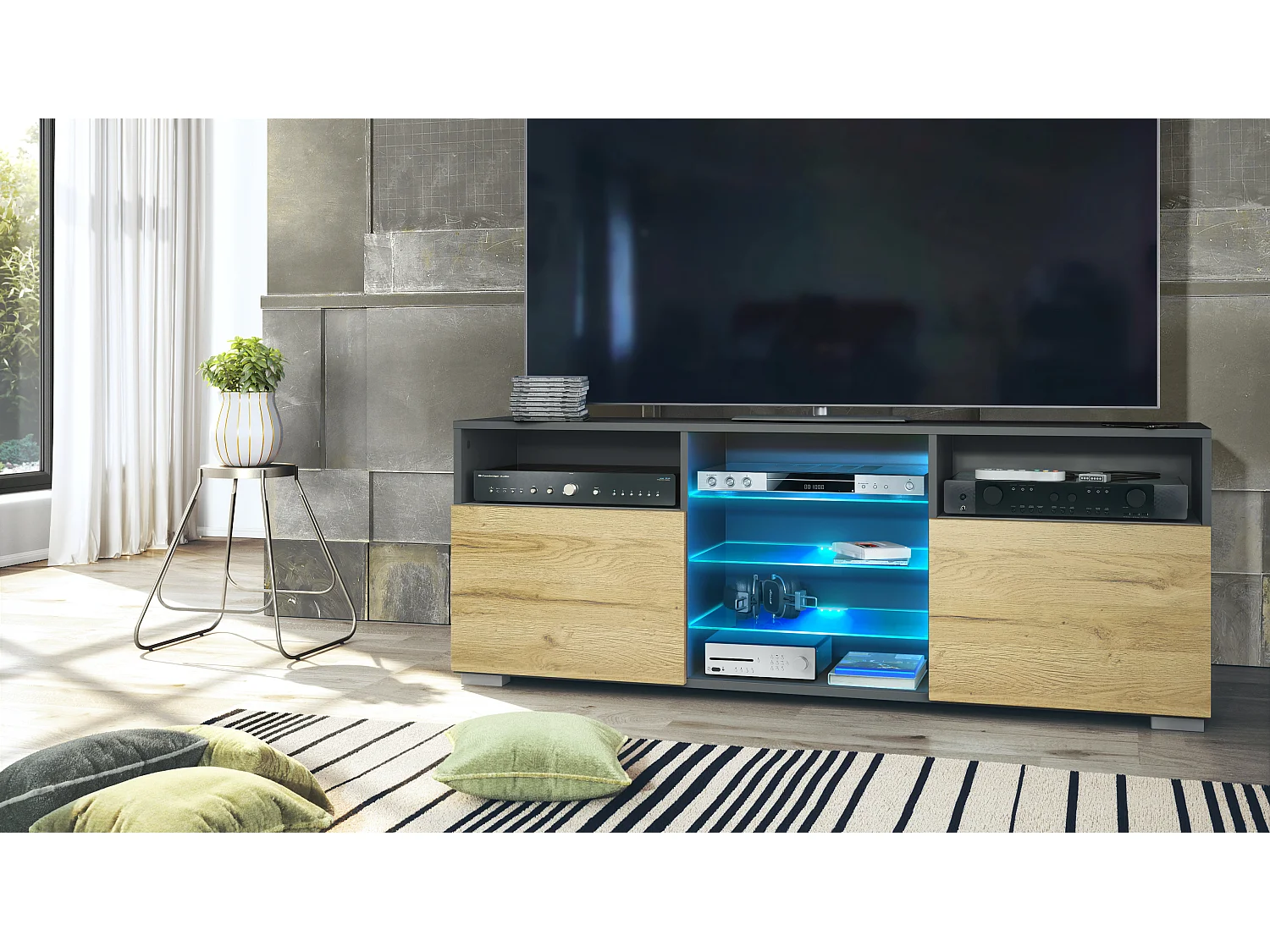 Meuble TV Granada, Lowboard avec 2 portes et 6 compartiments ouverts, corps anthracite mat, façades en chêne nature avec éclairage LED RVB  (146 x 54 x 35 cm)