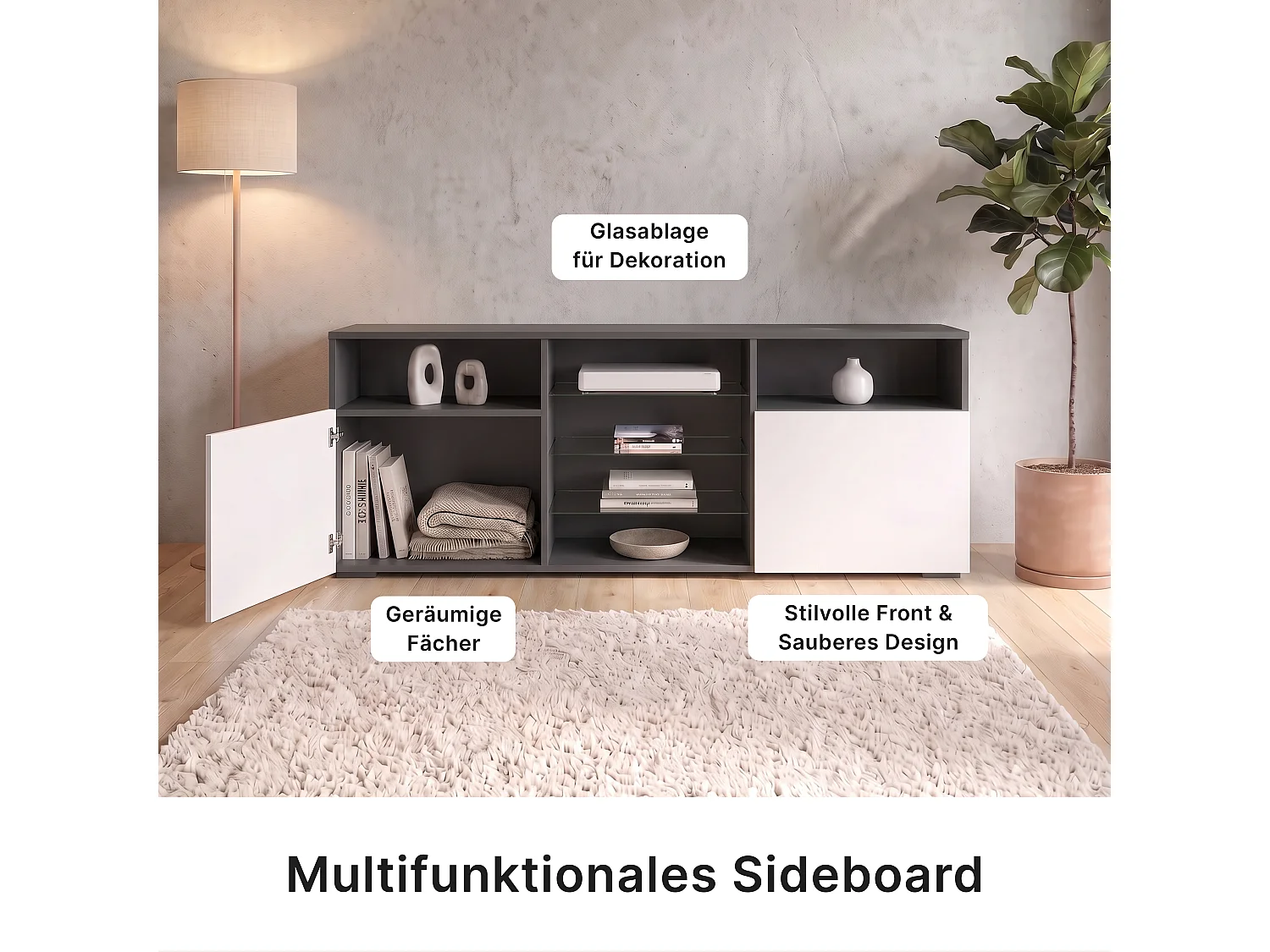 Meuble TV Granada, Lowboard avec 2 portes et 6 compartiments ouverts, corps anthracite mat, façades en chêne nature avec éclairage LED RVB  (146 x 54 x 35 cm)