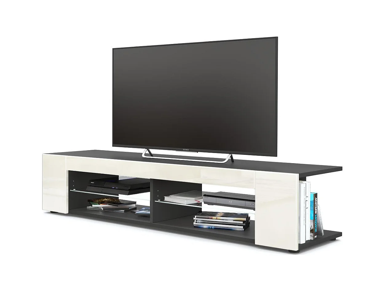 Buffet bas Movie, Meuble TV avec 4 compartiments ouverts et placages décoratifs, Noir mat/Crème haute brillance (134 x 29 x 39 cm)