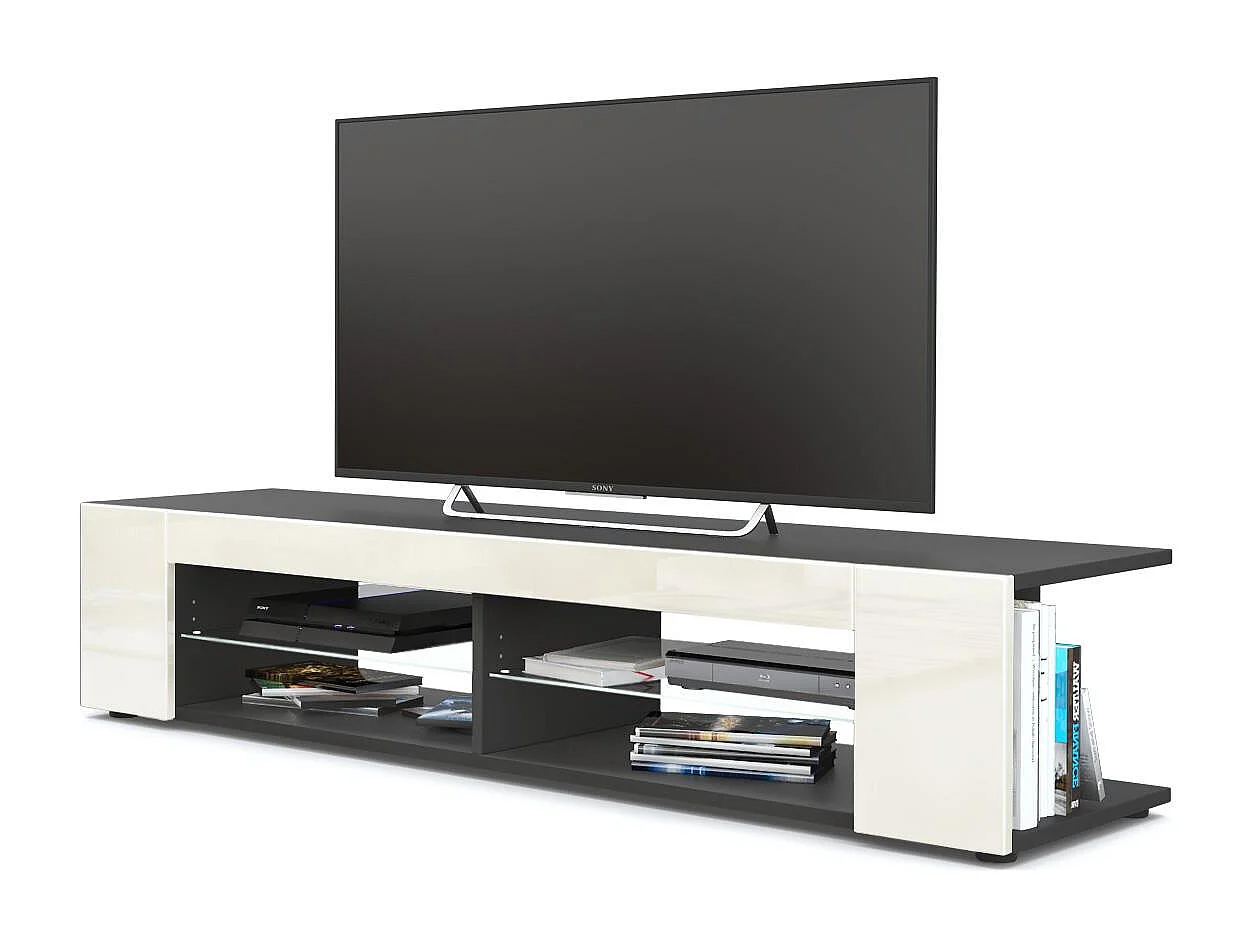 Buffet bas Movie, Meuble TV avec 4 compartiments ouverts et placages décoratifs, Noir mat/Crème haute brillance (134 x 29 x 39 cm)