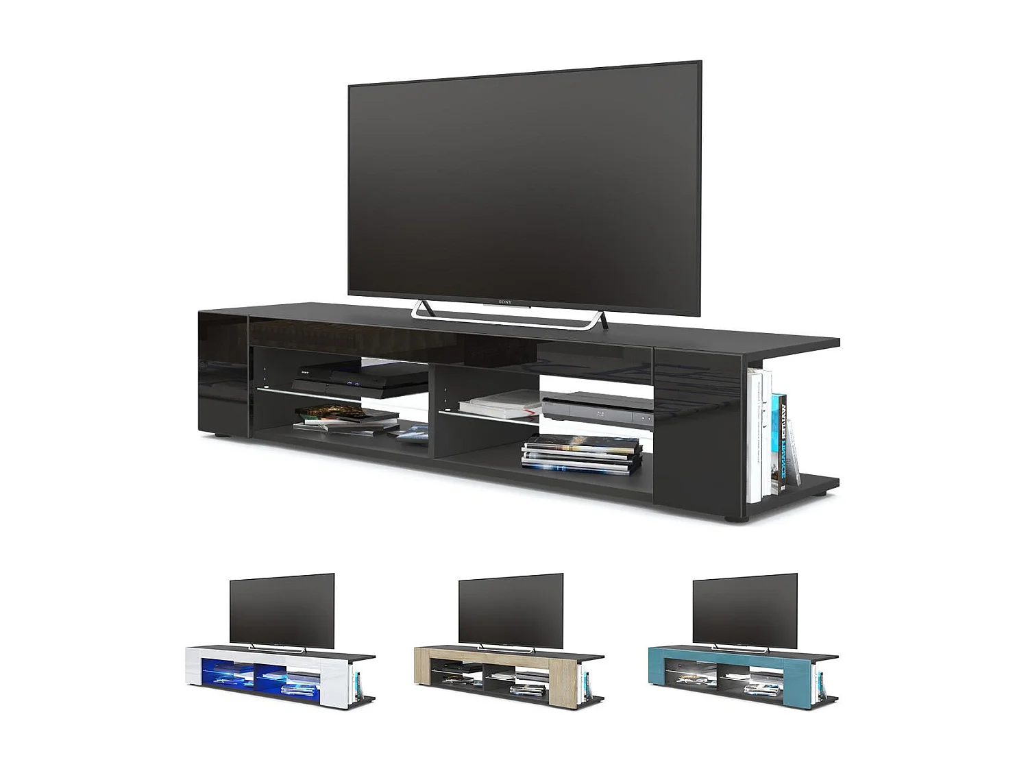 Buffet bas Movie, Meuble TV avec 4 compartiments ouverts et placages décoratifs, Noir mat/Crème haute brillance (134 x 29 x 39 cm)