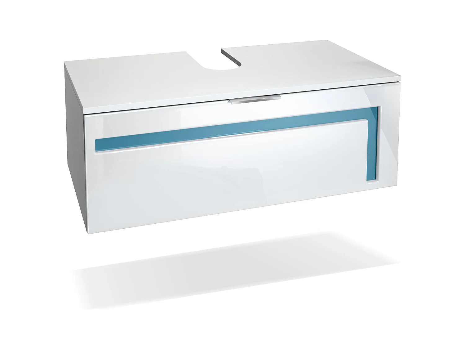 Meuble sous vasque Lavabo Aloha V2, Corps en Blanc mat / Façades en Blanc haute brillance avec un décor en Turquoise haute brillance