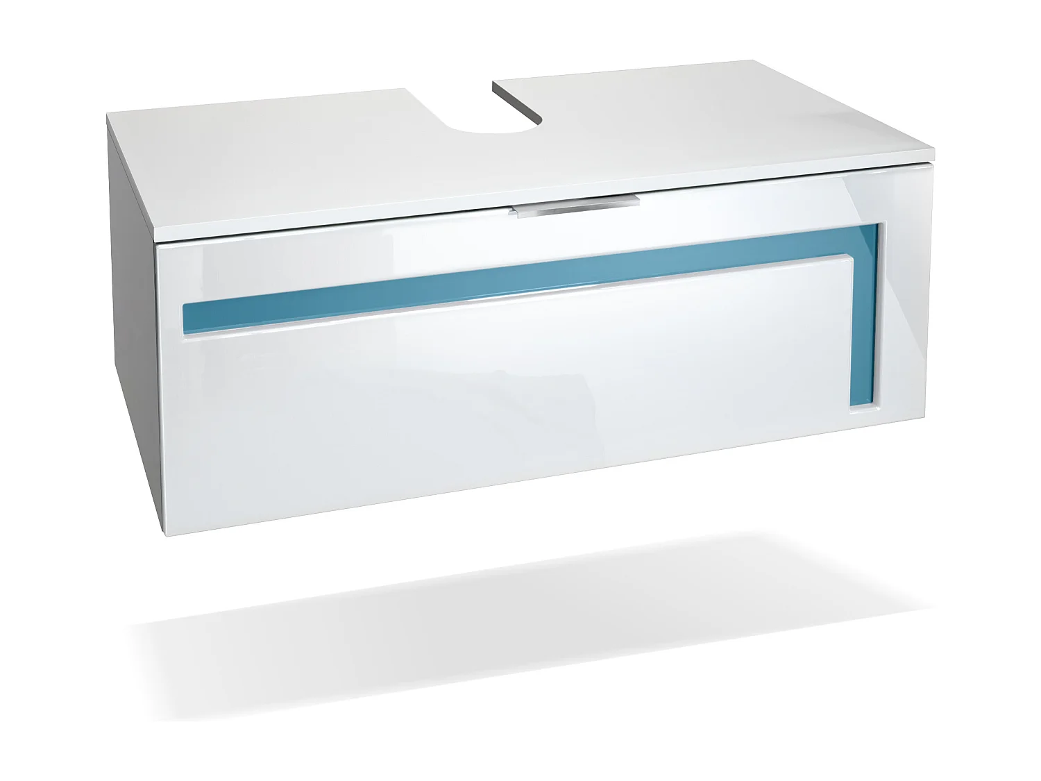 Meuble sous vasque Lavabo Aloha V2, Corps en Blanc mat / Façades en Blanc haute brillance avec un décor en Turquoise haute brillance