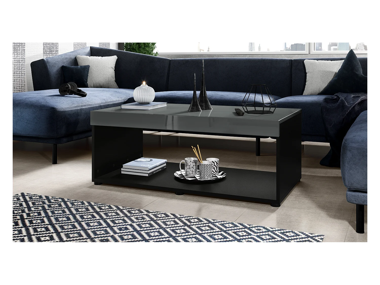 Ensemble de salon  Berlin, composé de 1 meuble TV avec 1 compartiment ouvert et 2 abattants, et 1 table basse, noir mat/gris haute brillance