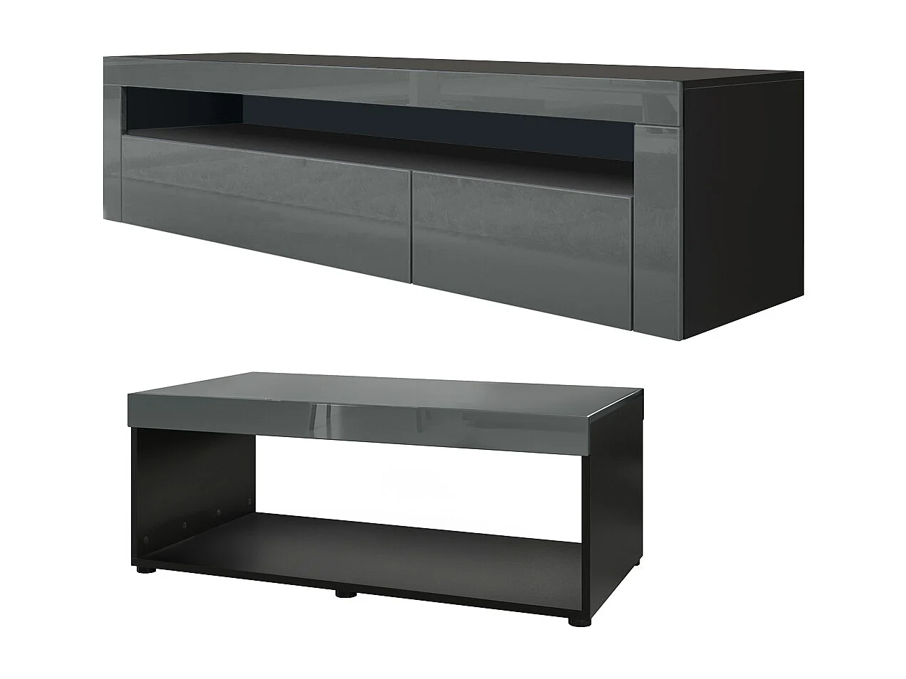 Ensemble de salon  Berlin, composé de 1 meuble TV avec 1 compartiment ouvert et 2 abattants, et 1 table basse, noir mat/gris haute brillance