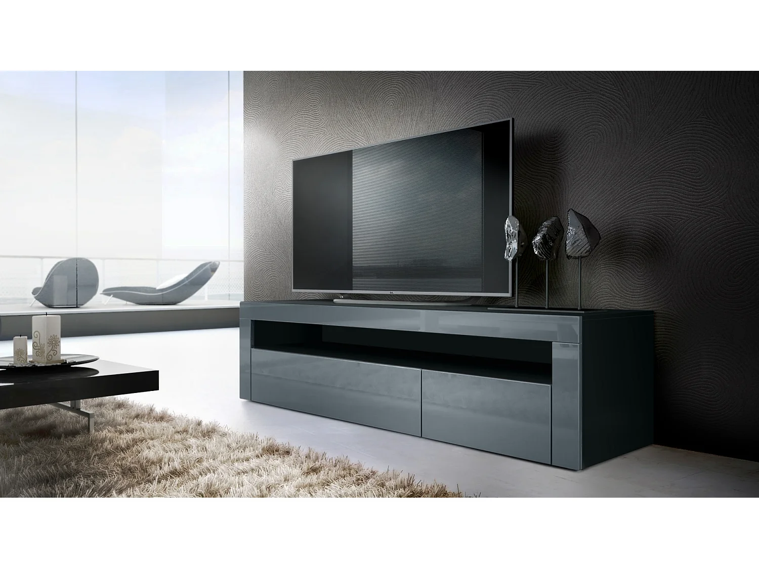 Ensemble de salon  Berlin, composé de 1 meuble TV avec 1 compartiment ouvert et 2 abattants, et 1 table basse, noir mat/gris haute brillance