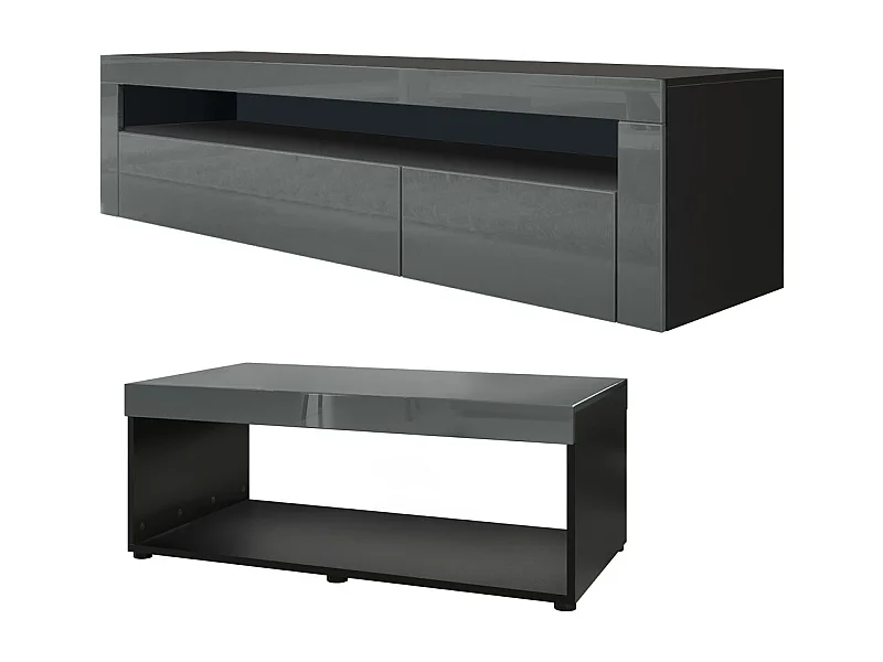 Ensemble de salon  Berlin, composé de 1 meuble TV avec 1 compartiment ouvert et 2 abattants, et 1 table basse, noir mat/gris haute brillance