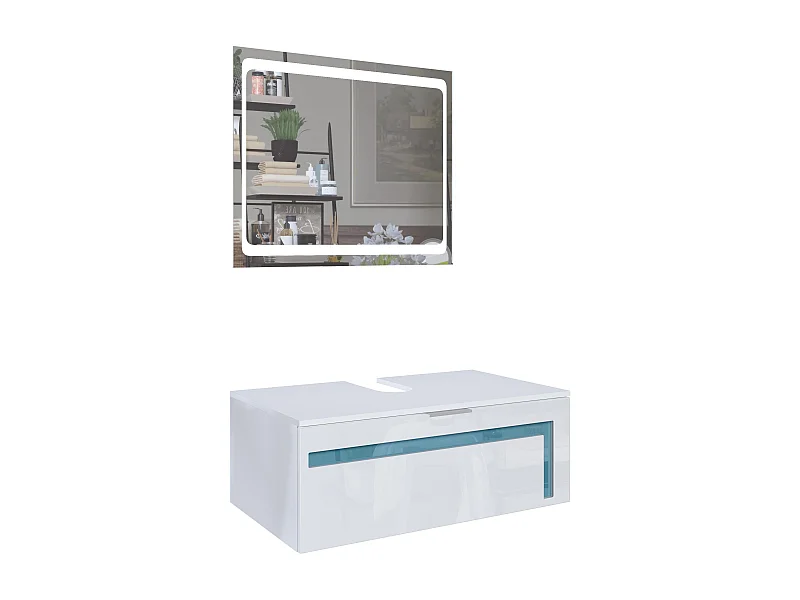 Meuble sous vasque Lavabo Aloha V2, Corps en Blanc mat / Façades en Blanc haute brillance avec un décor en Turquoise haute brillance, avec Miroir LED