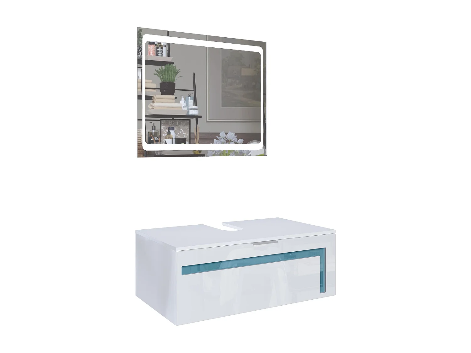 Meuble sous vasque Lavabo Aloha V2, Corps en Blanc mat / Façades en Blanc haute brillance avec un décor en Turquoise haute brillance, avec Miroir LED