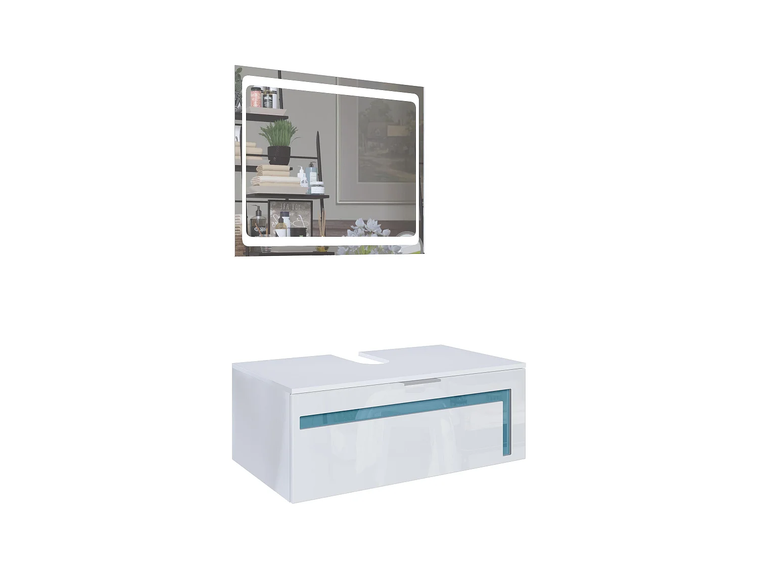 Meuble sous vasque Lavabo Aloha V2, Corps en Blanc mat / Façades en Blanc haute brillance avec un décor en Turquoise haute brillance, avec Miroir LED