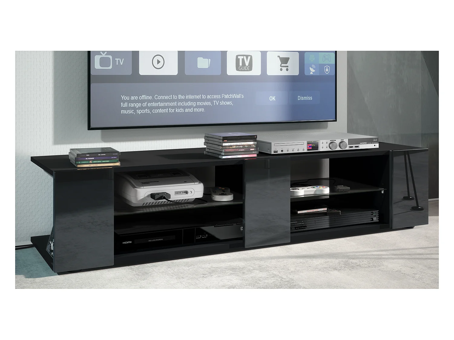 Buffet bas Movie V2, Meuble TV avec 6 compartiments ouverts et placages décoratifs, Noir mat/Noir haute brillance (134 x 29 x 39 cm)