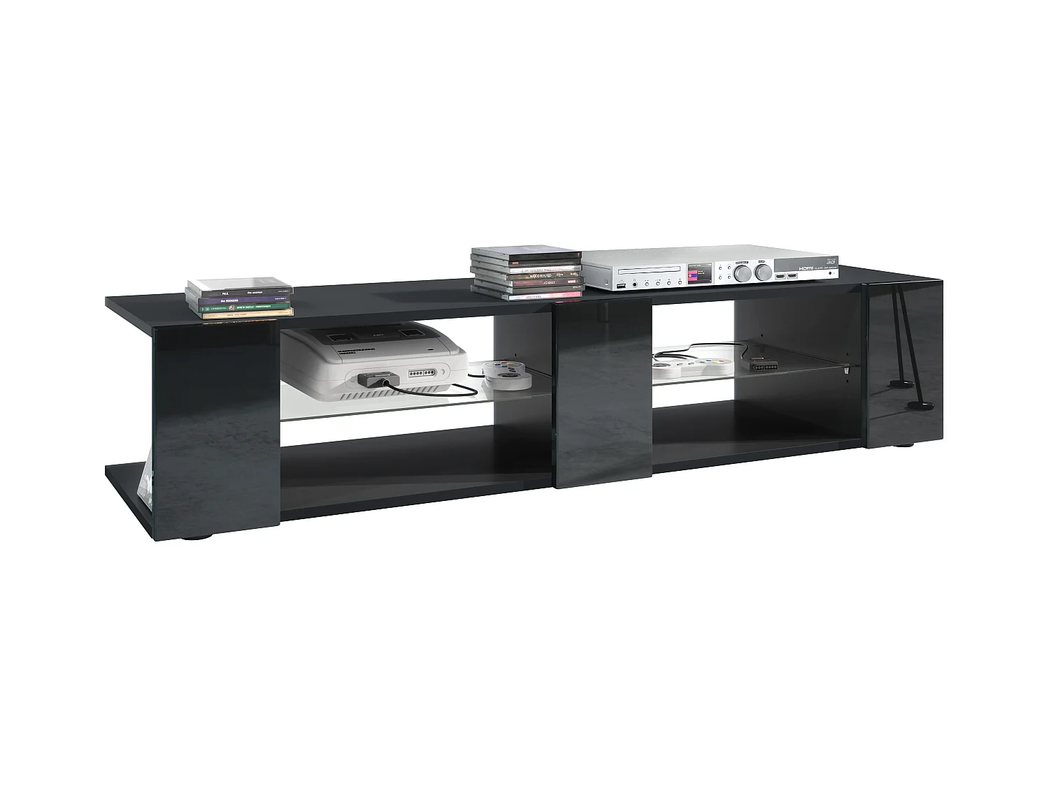 Buffet bas Movie V2, Meuble TV avec 6 compartiments ouverts et placages décoratifs, Noir mat/Noir haute brillance (134 x 29 x 39 cm)