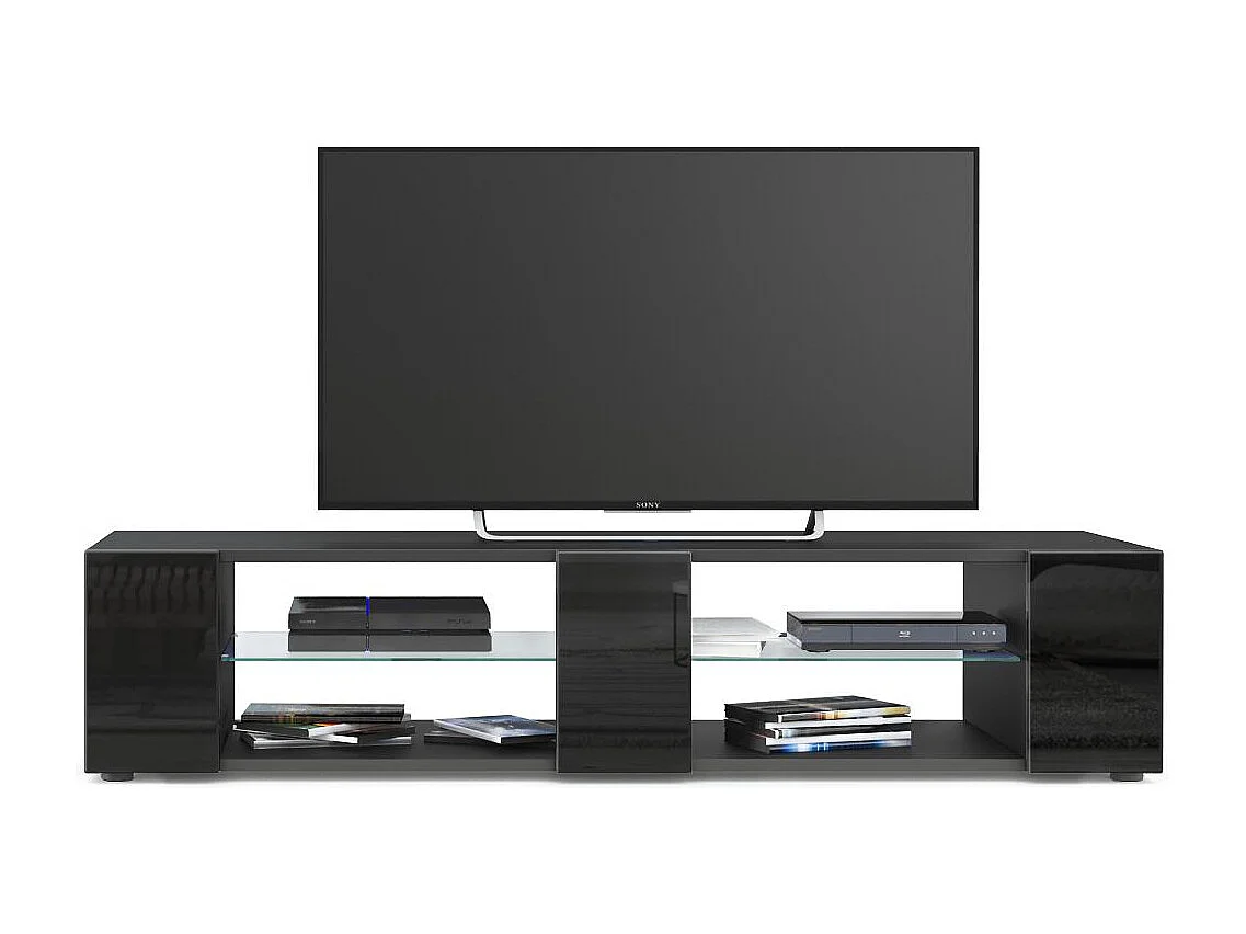 Buffet bas Movie V2, Meuble TV avec 6 compartiments ouverts et placages décoratifs, Noir mat/Noir haute brillance (134 x 29 x 39 cm)