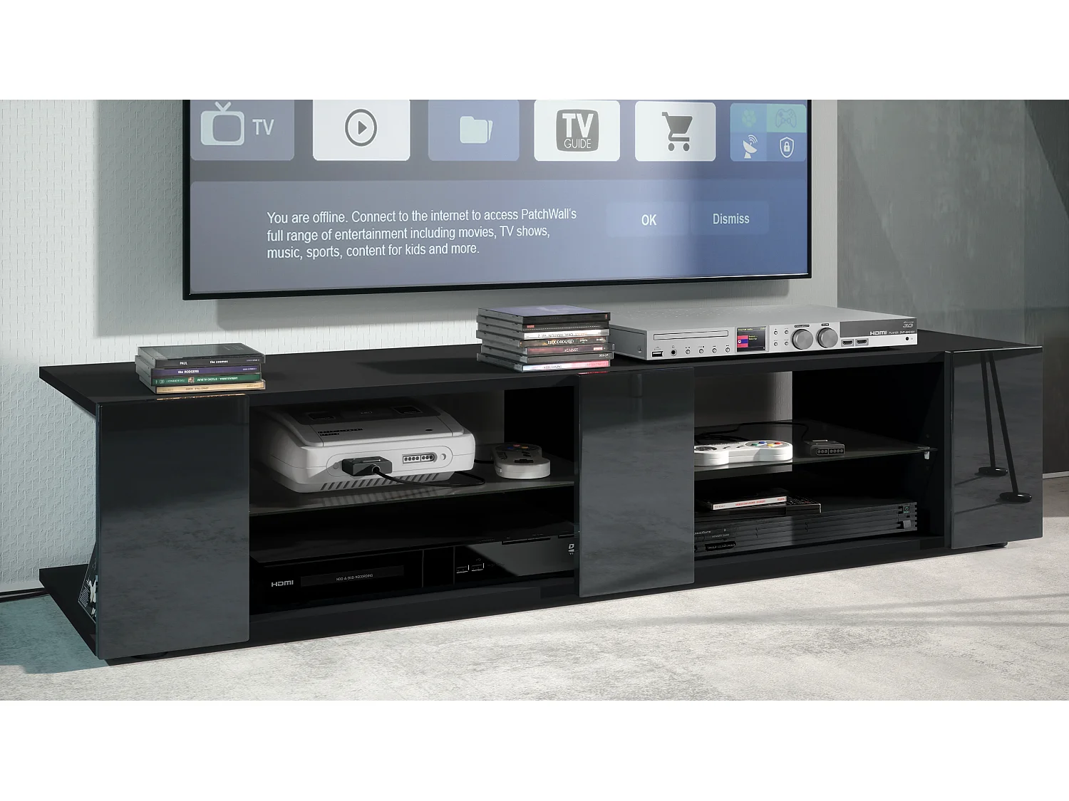 Buffet bas Movie V2, Meuble TV avec 6 compartiments ouverts et placages décoratifs, Noir mat/Noir haute brillance (134 x 29 x 39 cm)