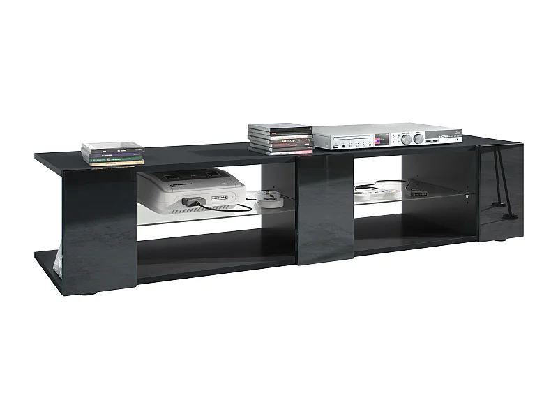 Buffet bas Movie V2, Meuble TV avec 6 compartiments ouverts et placages décoratifs, Noir mat/Noir haute brillance (134 x 29 x 39 cm)