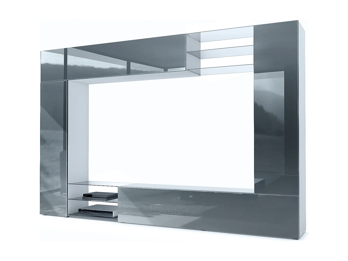 Meuble TV mural Mirage, Ensemble étagère TV avec panneau arrière et 2 portes, 2 clapets et 6 étagères en verre, Blanc mat/Gris brillant (262 x 183 x 39 cm)