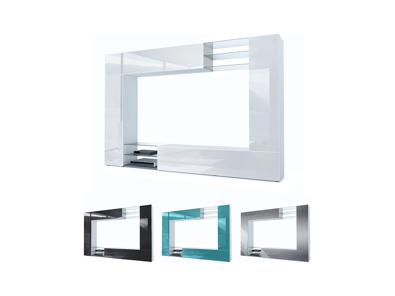 Meuble TV mural Mirage, Ensemble étagère TV avec panneau arrière et 2 portes, 2 clapets et 6 étagères en verre, Blanc mat/Gris brillant (262 x 183 x 39 cm)