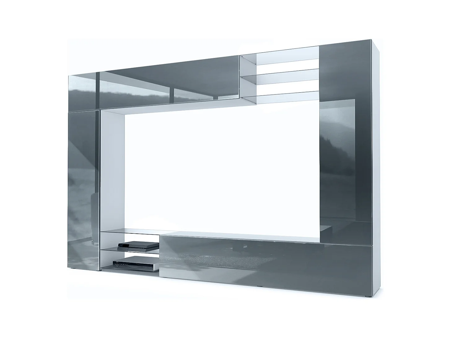 Meuble TV mural Mirage, Ensemble étagère TV avec panneau arrière et 2 portes, 2 clapets et 6 étagères en verre, Blanc mat/Gris brillant (262 x 183 x 39 cm)