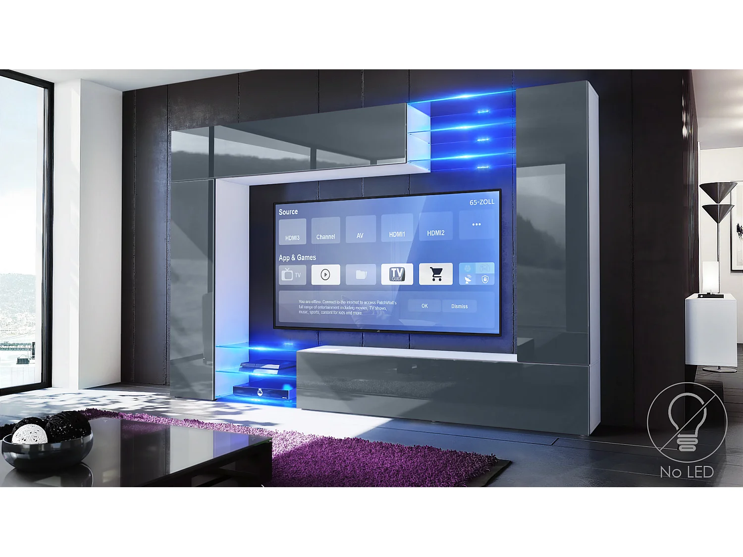 Set da soggiorno  Mirage, Parete attrezzata con 2 ante, 2 ante a ribalta e 6 ripiani a giorno in vetro, bianco opaco/grigio lucido (262 x 183 x 39 cm)